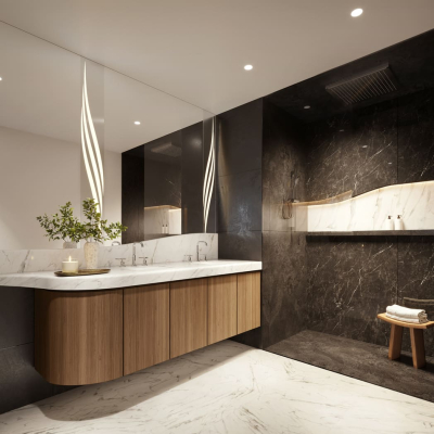 13. Primary Bathroom Dark, Mercedes-Benz Places Miami, JDS Development Group, by The Boundary